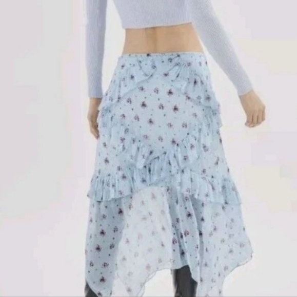 Urban Outfitters Boho Fairycore Blue Ditsy Floral Ruffle Asymmetrical Midi Skirt - Picture 2 of 14